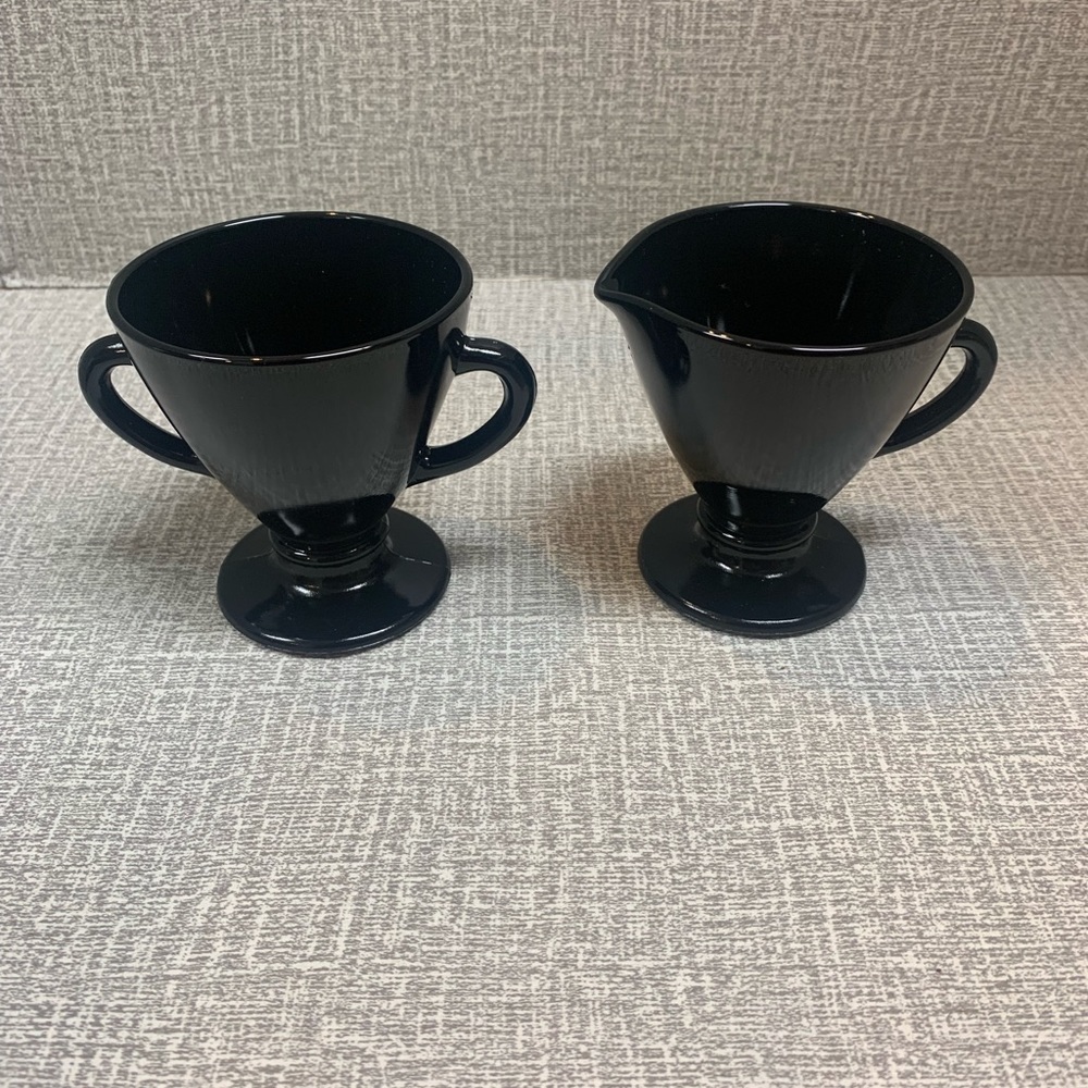 Vintage Hazel Atlas Black Amethyst Glass Ovide Sugar & Creamer Set
